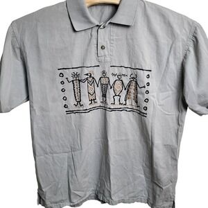 Vintage 90s 4Fun Originals Mens Large‎ Gray Tribal Print Polo Shirt Aztec Funky